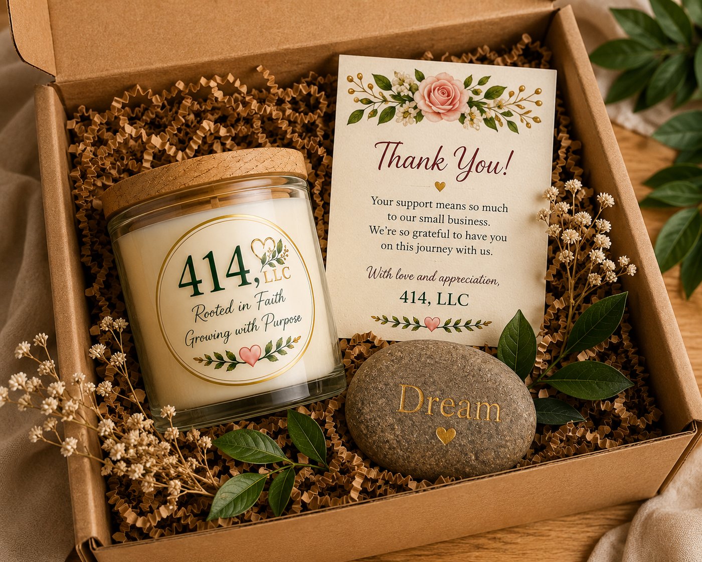 A 414, LLC thank-you box with candle, Dream stone, and card