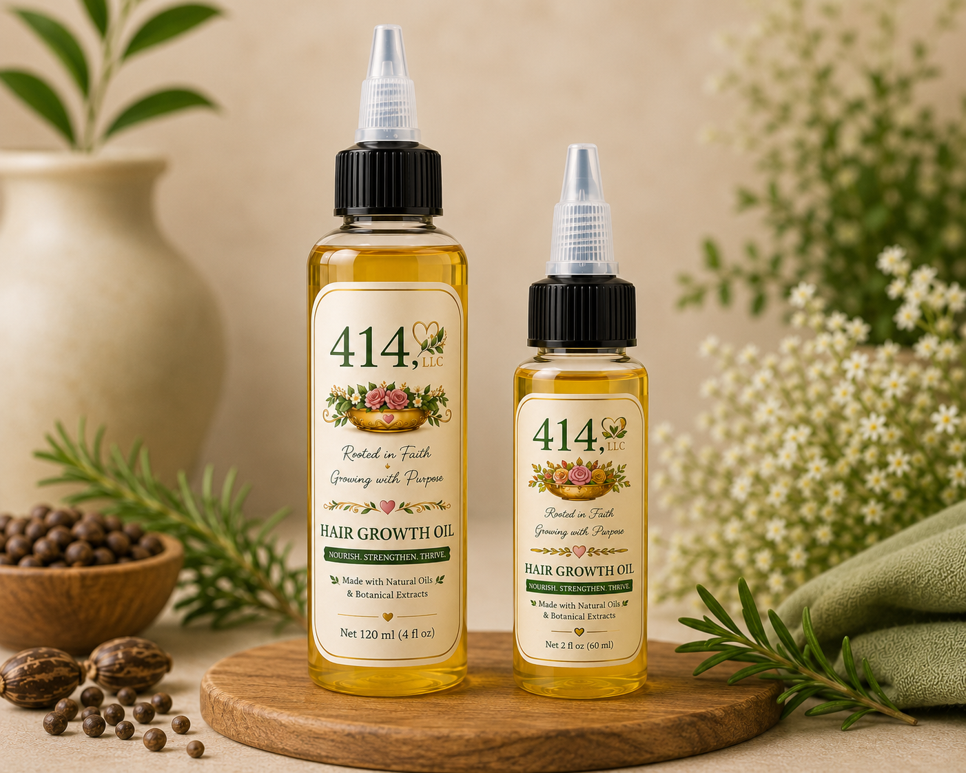 414 LLC Hair Growth Oil — 4 fl oz and 2 fl oz side by side